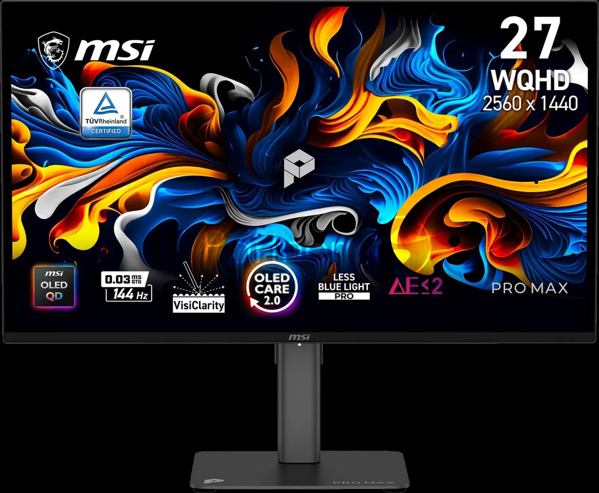 Монитор 27" MSI PRO MAX 271QPX14G QD-OLED 2560x1440, 144 Гц, 0.03 мс (GtG), 16:9, HDR, 400 кд/м², HDMI 2.0b (x2), DisplayPort, USB-C (15 Вт), встроенные динамики (2x2.5 Вт), Flicker Free, Low Blue Light, AMD FreeSync Premium Pro, nVidia G-Sync Compatible, PiP/PbP, регулировка по высоте, поворот на 9