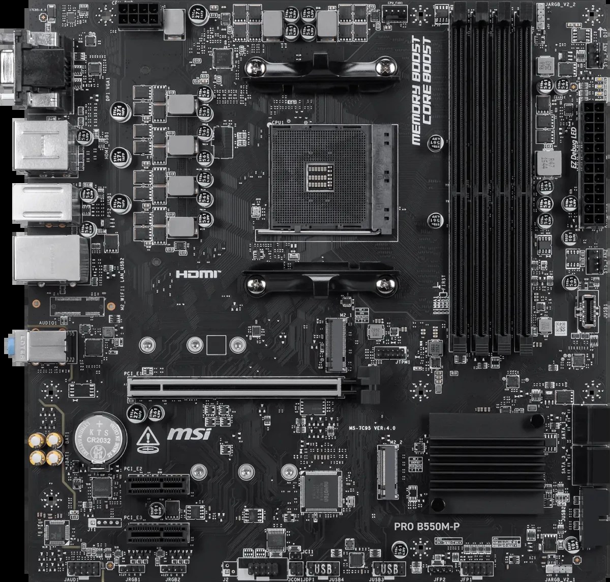 Материнская плата MSI PRO B550M-P, AM4, AMD B550, 4xDDR4, 4xSATA 6Gb/s, 2xM.2 (PCIe 4.0/3.0), 1xPCIe 4.0 x16, 2xPCIe 3.0 x1, 1xVGA, 1xHDMI, 1xDisplayPort, 1x 1Gb LAN, 4xUSB 3.2 Gen1 Type-A, 2xUSB 2.0 Type-A, 3x3.5 мм, 7.1, microATX