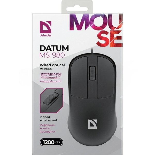 Мышь проводная Defender USB DATUM MS-980 3кн 1200dpi 1.2M черный 52981