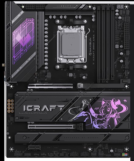 Материнская плата Maxsun MS-iCraft B850 AIGA, AM5, AMD B850, 4xDDR5, 2xSATA 6Gb/s, 4xM.2 PCIe, 2xPCIe 5.0 x16, 1xPCIe 3.0 x1, 1xDisplayPort, 1xHDMI, 1x5Gb LAN, 4xUSB 2.0, 4xUSB 3.2 Gen2, 1xUSB 3.2 Gen2 Type-C, 5x3.5 мм, 1xS/PDIF, 7.1, ATX