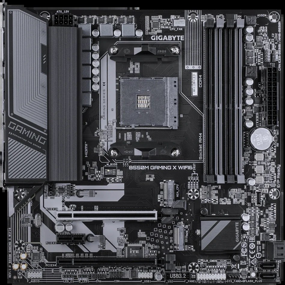 Материнская плата Gigabyte B550M GAMING X, AM4, AMD B550, 4xDDR4, 4xSATA, 2xM.2 PCIe 4.0/3.0, 1xPCIe 4.0 x16, 1xPCIe 3.0 x16 (x4), 1xPCIe 3.0 x1, 1xHDMI, 1xDisplayPort, 1x1Gb LAN, 4xUSB 3.2 Gen1, 2xUSB 2.0, 3x3.5 мм, 7.1, microATX