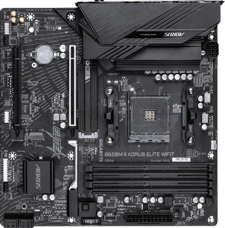 Материнская плата Gigabyte B550M X AORUS ELITE WIFI7, AM4, AMD B550, 4xDDR4, 4xSATA, 2xM.2, 1xPCIe 4.0 x16, 1xPCIe 3.0 x4, 1xHDMI, 1xDisplayPort, 1x 2.5Gb LAN, 5xUSB 3.2 Gen 1, 1xUSB Type-C, 2xUSB 2.0, 3x3.5 мм, 7.1, microATX