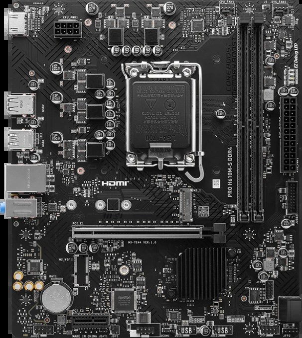 Материнская плата MSI PRO H610M-S DDR4 II, LGA1700, Intel H610, 2xDDR4, 2xSATA, 1xM.2 PCIe 3.0, 1xPCIe 4.0 x16, 1xPCIe 3.0 x1, 1xHDMI, 1x 1Gb LAN, 2xUSB 3.2 Gen1, 4xUSB 2.0, 3x3.5 мм, 7.1, microATX