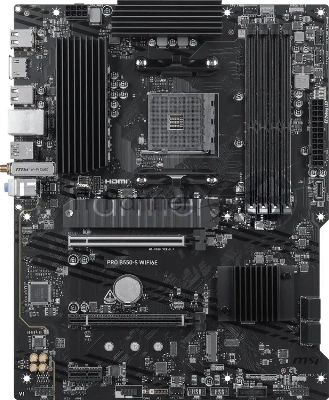 Материнская плата MSI PRO B550-S WIFI6E, AM4, AMD B550, 4xDDR4, 4xSATA, 2xM.2 PCIe, 1xHDMI, 1x 1Gb LAN, 8xUSB (4xUSB 2.0, 2xUSB 3.2 Gen1, 1xUSB 3.2 Gen2 Type-A, 1xUSB 3.2 Gen2 Type-C), 3x3.5 мм, 7.1, ATX