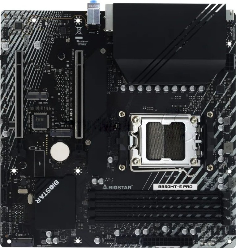Материнская плата Biostar B850MT-E Pro, AM5, AMD B850, 4xDDR5, 2xSATA, 3xM.2 PCIe, 1xPCIe 5.0 x16, 1xPCIe 4.0 x16, 1xHDMI, 1xDisplayPort, 1x 2.5Gb LAN, 8xUSB (1xType-C, 2xUSB 3.2 Gen2, 4xUSB 3.2 Gen1, 2xUSB 2.0), 3x3.5 мм, 7.1, microATX