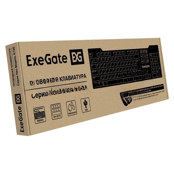 Клавиатура ExeGate Neo K120 (USB, полноразмерная, влагозащищенная, 104кл., Enter большой, длина кабеля 1,5м, черная, RTL)