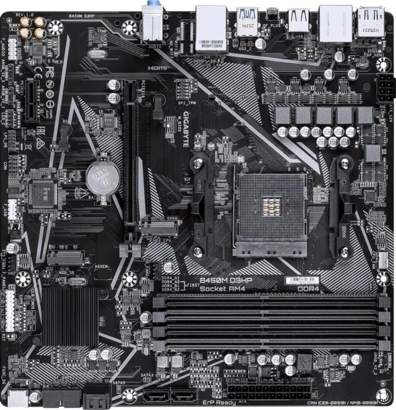 Материнская плата Gigabyte B450M D3HP, AM4, AMD B450, 4xDDR4, 4xSATA, 2xM.2, 1xPCIe 3.0 x16, 1xPCIe 2.0 x1, 1xDisplayPort, 2xHDMI, 1x 1Gb LAN, 4xUSB 3.2 Gen 1, 3xUSB 2.0, 3x3.5 мм, 7.1, microATX