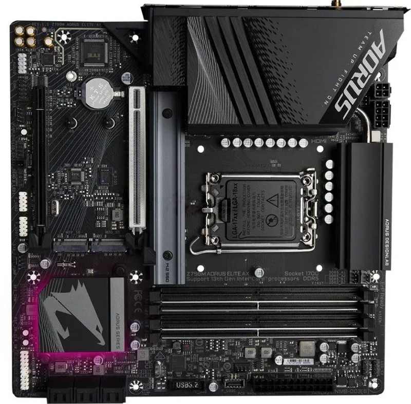 Материнская плата Gigabyte Z790M AORUS ELITE AX, LGA1700, Intel Z790, 4xDDR5, 6xSATA, 3xM.2, 1xPCIe 5.0 x16, 1xPCIe 4.0 x4, 1xHDMI, 1xDisplayPort, 1x 2.5Gb LAN, 1xUSB 3.2 Gen 2x2 Type-C, 1xUSB 3.2 Gen 2, 4xUSB 3.2 Gen 1, 4xUSB 2.0, 2x3.5 мм, 7.1, microATX