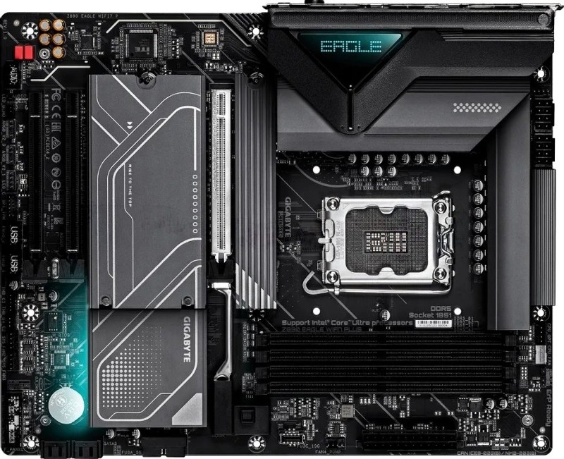 Материнская плата Gigabyte Z890 EAGLE WIFI7 PLUS, LGA1851, Intel Z890, 4xDDR5, 4xSATA, 4xM.2, 1xPCIe 5.0 x16, 2xPCIe 4.0 x4, 1xDisplayPort, 1xUSB4 Type-C, 1x 2.5Gb LAN, 2xUSB 3.2 Gen2, 3xUSB 3.2 Gen1, 4xUSB 2.0, 2x3.5 мм, 7.1, ATX