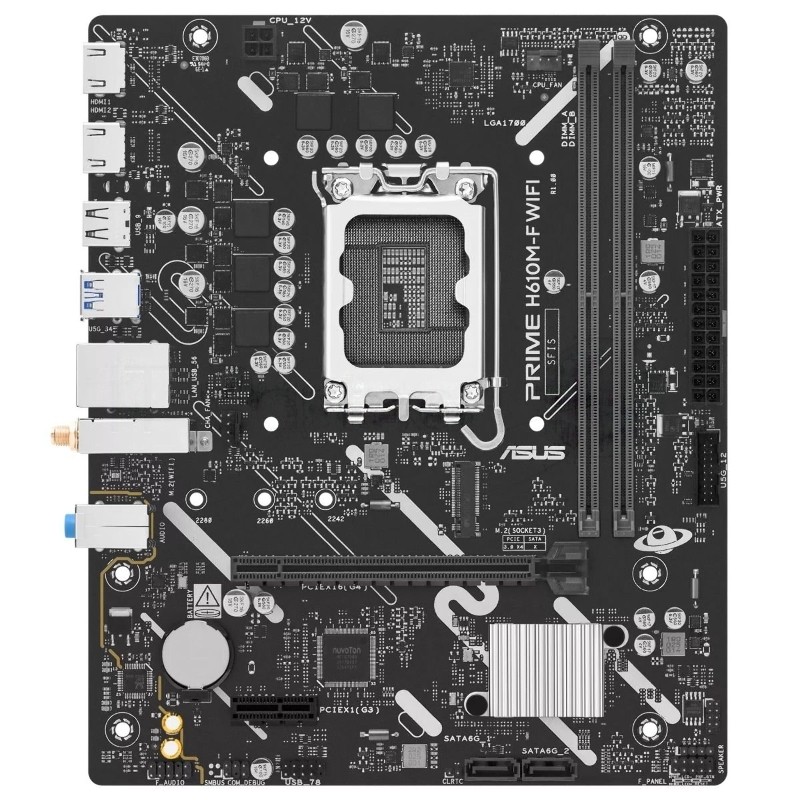 Материнская плата ASUS PRIME H610M-F WIFI, LGA1700, Intel H610, 2xDDR5, 2xSATA 6Gb/s, 1xM.2 PCI-E 3.0 x4, 1xPCIe 4.0 x16, 1xPCIe 3.0 x1, 2xHDMI, 1x 1Gb LAN, 2xUSB 5Gbps Type-A, 3xUSB 2.0 Type-A, 3x3.5 мм, 7.1, microATX
