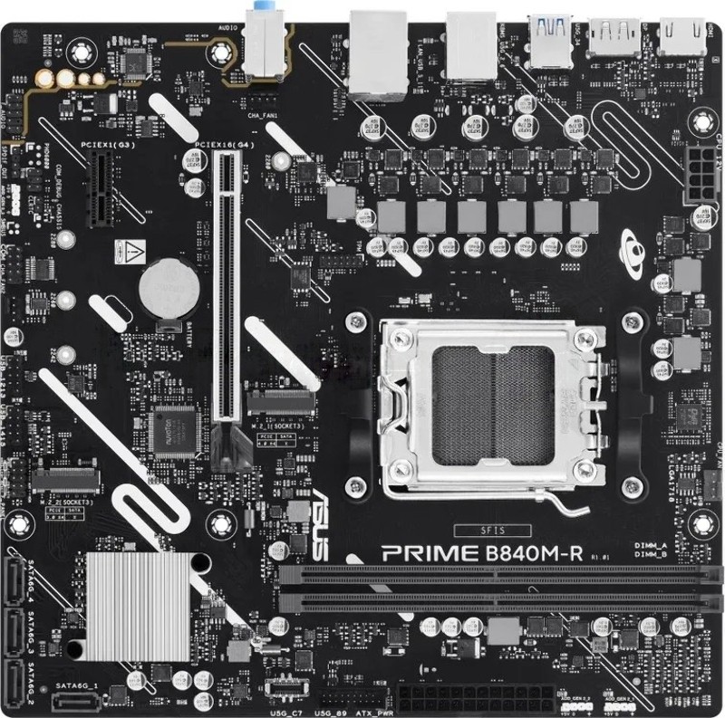 Материнская плата ASUS PRIME B840M-R, AM5, AMD B840, 2xDDR5, 4xSATA, 2xM.2, 1xPCIe 4.0 x16, 1xPCIe 3.0 x1, 1xDisplayPort, 1xHDMI, 1x 1Gb LAN, 4xUSB 5Gbps Type-A, 2xUSB 2.0 Type-A, 3x3.5 мм, 7.1, microATX