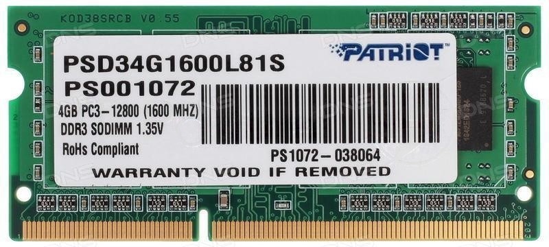 Оперативная память Patriot, DDR3L, 4GB (1x4 GB), 1600 MHz, CL11, SO-DIMM