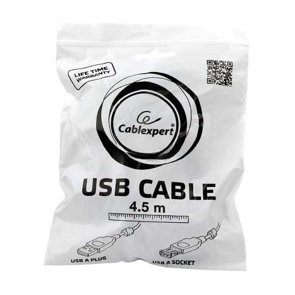 Кабель Gembird/Cablexpert USB 2.0, AM/AF, 4.5м, экран, 2феррит.кольца, черный, пакет