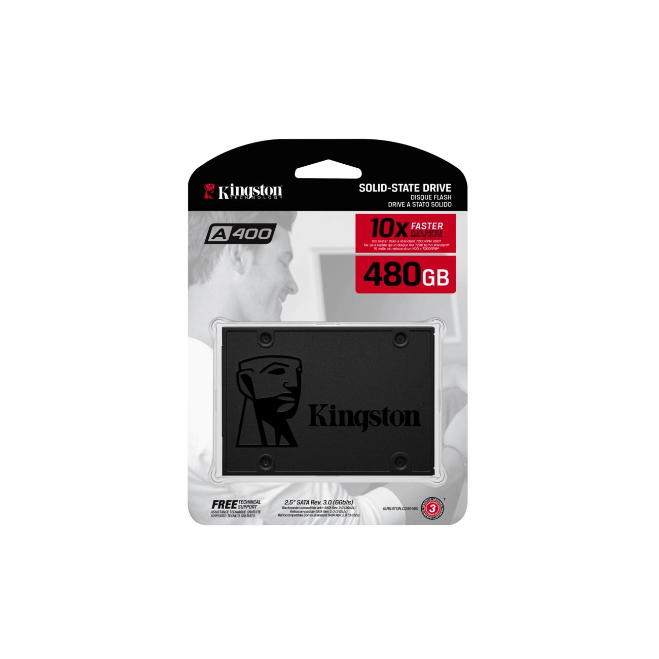 Накопитель SSD Kingston A400, 480Gb, SATA III, 2.5", R/W 500/450