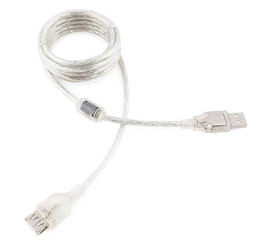 Кабель-удлинитель USB2.0 Pro Cablexpert CCF-USB2-AMAF-TR-2M, AM/AF, 2м, экран, 2феррит.кольца, прозрачный, пакет