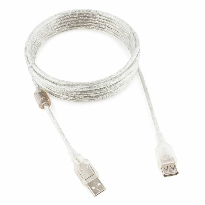 Кабель-удлинитель USB2.0 Pro Cablexpert CCF-USB2-AMAF-TR-6, AM/AF, 1,8м, экран, 2феррит.кольца, прозрачный, пакет