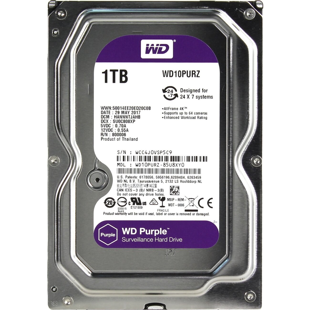 Жесткий диск HDD WD Purple 1Tb 5400rpm SATA 64Mb 3.5"