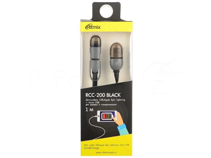 Кабель RITMIX Кабель 2в1 MicroUSB+Lightning 8pin-USB для синхронизации/зарядки, 1м черный (RCC-200)