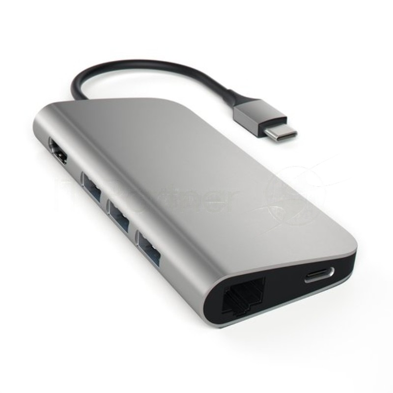 USB адаптер Satechi Aluminum Multi-Port Adapter 4K with Ethernet. Интерфейс USB-C. Порты: USB Type-C, 3хUSB 3.0, 4K HDMI, Ethernet RJ-45, SD / micro-SD . Цвет серый космос.