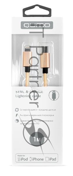 Кабель Qumo MFI, Type-С -Apple 8 pin, 1м, Type-C, 5В, 2,4А, 12W, нейлоновая оплетка, металлический коннектор, золото