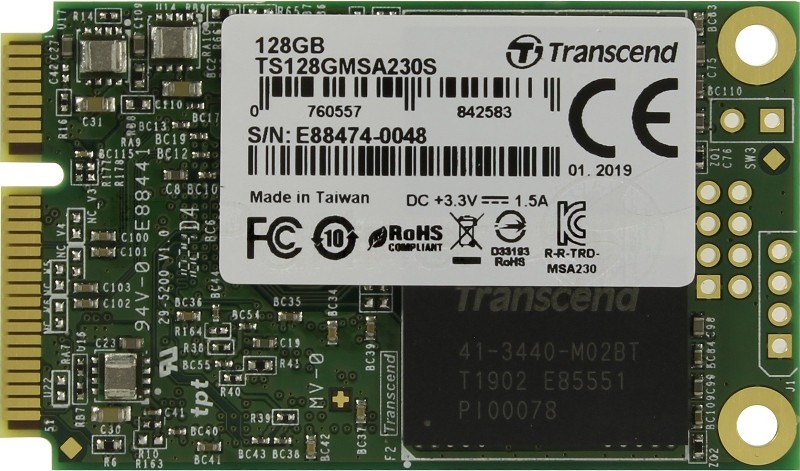 Накопитель SSD mSATA Transcend 128Gb MSA230S <TS128GMSA230S> (SATA3, up to 550/400Mbs, 3D TLC)