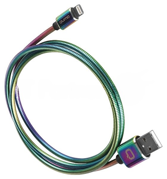 Кабель Qumo, MFI С48, USB-Apple 8 pin, 1м, 5В, 2,4A, 12Вт, опл. металл. пружинка, кон. металл, rainbow