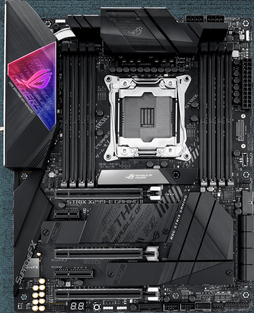 Материнская плата ASUS ROG STRIX X299-E GAMING II, LGA 2066, Intel X299, 8xDDR4, 8xSATA, 3xM.2, 1xPCIe 3.0 x8, 2xPCIe 3.0 x16, 1xPCIe x4, 1xPCIe x1, 2x 2.5Gb LAN, 1xUSB 3.2 Gen 2, 3xUSB 3.2 Gen 2, 2xUSB 2.0, 5x3.5 мм, 7.1, ATX