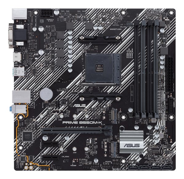 Материнская плата ASUS PRIME B550M-K, AM4, AMD B550, 4xDDR4, 4xSATA, 2xM.2, 1xPCIe 4.0 x16, 2xPCIe x1, 1xDVI-D, 1xHDMI, 1xVGA, 1x 1Gb LAN, 4xUSB 3.2 Gen 1, 2xUSB 3.2 Gen 2, 3x3.5 мм, 7.1, mATX