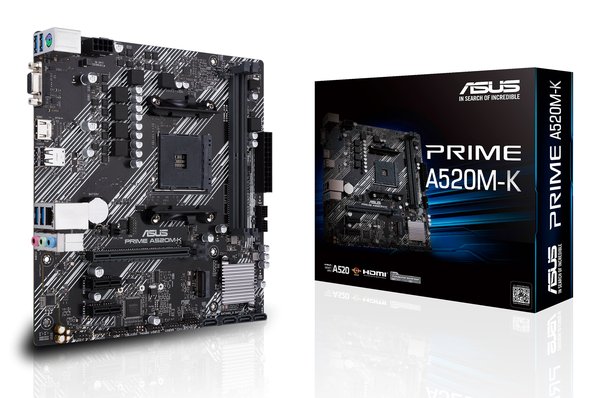 Материнская плата ASUS PRIME A520M-K, AM4, AMD A520, 2xDDR4, 4xSATA, 1xM.2, 1xPCIe 3.0 x16, 1xPCIe x1, 1xHDMI, 1xVGA, 1x 1Gb LAN, 2xUSB-A 2.0, 4xUSB-A 3.2 Gen 1, 3x3.5 мм, 7.1, mATX