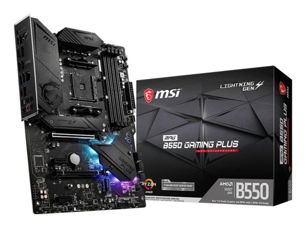 Материнская плата MSI MPG B550 GAMING PLUS, AM4, AMD B550, 4xDDR4, 6xSATA, 2xM.2, 1xPCI-E 4.0 x16, 1xPCI-E 3.0 x4, 2xPCI-E x1, 1xHDMI, 1xDP, 1x 1Gb LAN, 4xUSB-A 2.0, 2xUSB-A 3.2 Gen 1, 1xUSB-A 3.2 Gen 2, 1xUSB-C 3.2 Gen 2, 5x3.5 мм, 7.1, ATX