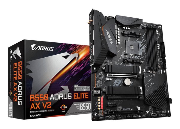 Материнская плата GIGABYTE B550 AORUS Elite AX V2, AM4, AMD B550, 4xDDR4, 4xSATA, 2xM.2, 1xPCIe 4.0 x16, 2xPCIe 3.0 x1, 1xDP, 1xHDMI, 1x2.5Gb LAN, Wi-Fi 6, Bluetooth 5, 2xUSB-A 10Gbps, 3xUSB-A 5Gbps, 2xUSB-A 2.0, 1xUSB-C 5Gbps, 5x3.5 мм, 7.1, ATX
