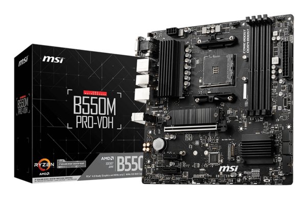 Материнская плата MSI B550M PRO-VDH, AM4, AMD B550, 4xDDR4, 4xSATA, 2xM.2, 1xPCI-E 4.0 x16, 2xPCI-E x1, 1xDP, 1xHDMI, 1xVGA, 1x 1Gb LAN, 2xUSB 2.0, 4xUSB 3.2 Gen 1, 3x3.5 мм, 7.1, Micro-ATX