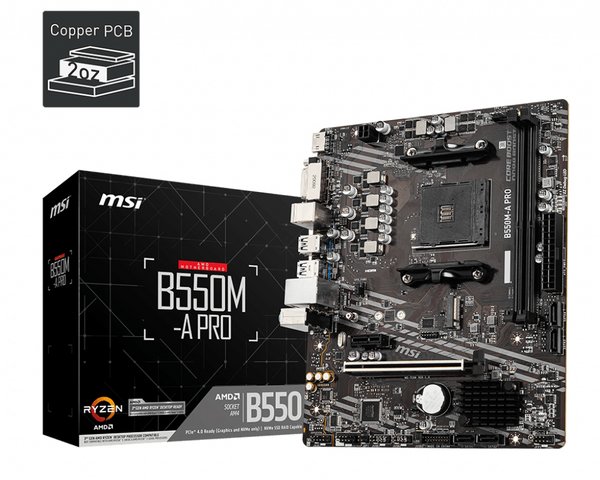 Материнская плата MSI B550M-A PRO, AM4, AMD B550, 2xDDR4, 4xSATA, 1xM.2, 1xPCIe 4.0 x16, 1xPCIe x1, 1xDVI-D, 1xHDMI, 1x 1Gb LAN, 2xUSB 2.0, 4xUSB 3.2 Gen 1, 3x3.5 мм, 7.1, mATX