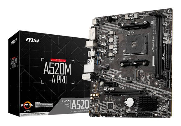 Материнская плата MSI A520M-A PRO, AM4, AMD A520, 2xDDR4, 4xSATA, 1xM.2, 1xPCIe 3.0 x16, 1xDVI-D, 1xHDMI, 1x 1Gb LAN, 2xUSB 2.0, 4xUSB 3.2 Gen 1, 3x3.5 мм, 7.1, mATX