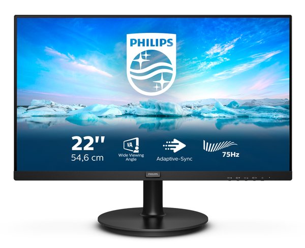Монитор 21.5" Philips 222V8LA (00/01) VA 1920x1080, 75 Гц, 4 мс, 16:9, 250 кд/м2, 1xHDMI, 1xDP, 1xVGA, 1x3.5 мм, черный