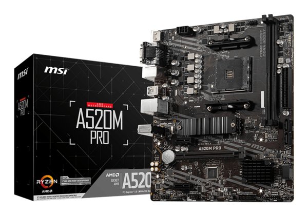 Материнская плата MSI A520M PRO, AM4, AMD A520, 2xDDR4, 4xSATA, 1xM.2, 1xPCIe 3.0 x16, 1xVGA, 1xDP, 1xHDMI, 1x 1Gb LAN, 2xUSB 2.0, 4xUSB 3.2 Gen 1, 3x3.5 мм, 7.1, mATX