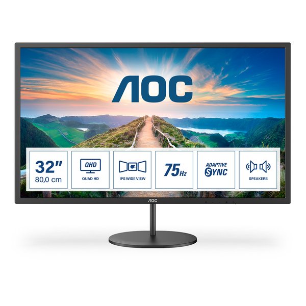 Монитор 31.5" AOC Q32V4 IPS 2560x1440, 75 Гц, 4 мс, 16:9, 250 кд/м2, 1xHDMI, 1xDP, 1x3.5 мм, черный