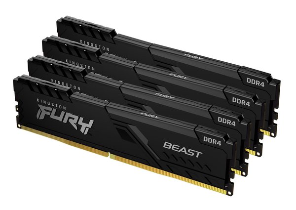 Оперативная память Kingston Fury Beast, DDR4, 64GB (4x16GB), 3600MHz, CL18, DIMM, радиатор, черный