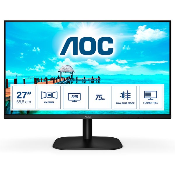 Монитор 27" AOC 27B2DM, VA 1920x1080, 75 Гц, 4 мс, 16:9, 250 кд/м², 1xHDMI, 1xDVI-D, 1xVGA, 1x3.5 мм, черный