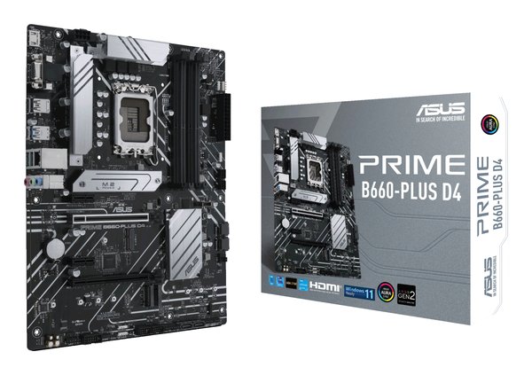 Материнская плата ASUS PRIME B660-PLUS D4, Socket LGA 1700, Intel B660, 4xDDR4, 4xSATA, 3xM.2, 1xPCIe 4.0 x16, 1xPCIe 3.0 x4, 1xHDMI, 1xDP, 1xVGA, 1x 1Gb LAN, 1xUSB-C 3.2 Gen 2x2, 2xUSB-A 3.2 Gen 2, 1xUSB-A 3.2 Gen 1, 2xUSB-A 2.0, 7.1, ATX