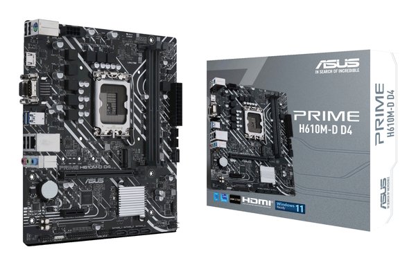 Материнская плата ASUS PRIME H610M-D D4, LGA 1700, Intel H610, 2xDDR4, 4xSATA, 1xM.2, 1xPCIe 4.0 x16, 1xPCI, 1xHDMI, 1xVGA, 1x 1Gb LAN, 2xUSB-A 2.0, 2xUSB-A 3.2 Gen 1, 3x3.5 мм, 7.1, mATX