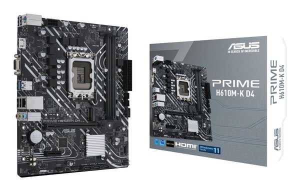 Материнская плата ASUS PRIME H610M-K D4, LGA 1700, Intel H610, 2xDDR4, 4xSATA, 1xM.2, 1xPCIe 4.0 x16, 1xPCI, 1xHDMI, 1xVGA, 1x 1Gb LAN, 2xUSB-A 2.0, 2xUSB-A 3.2 Gen 1, 3x3.5 мм, 7.1, mATX
