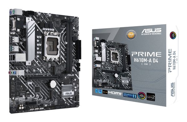 Материнская плата ASUS PRIME H610M-A D4-CSM, LGA 1700, Intel H610, 2xDDR4, 4xSATA, 2xM.2, 1xPCIe 4.0 x16, 1xPCIe x1, 1xDP, 1xD-Sub, 1xHDMI, 1x 1Gb LAN, 4xUSB-A 2.0, 2xUSB-A 3.2 Gen 1, 7.1, mATX