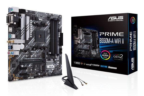 Материнская плата ASUS PRIME B550M-A WIFI II, AM4, AMD B550, 4xDDR4, 4xSATA, 2xM.2, 1xPCI-E 4.0 x16, 2xPCI-E x1, 1xDVI-D, 1xHDMI, 1xVGA, 1x 1Gb LAN, 2xUSB-A 3.2 Gen 2, 4xUSB-A 3.2 Gen 1, 3x3.5 мм, 7.1, Micro-ATX