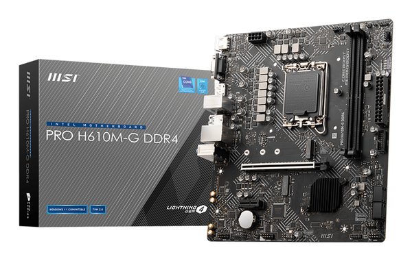 Материнская плата MSI PRO H610M-G DDR4, LGA 1700, Intel H610, 2xDDR4, 4xSATA, 1xM.2, 1xPCIe 4.0 x16, 1xPCIe 3.0 x1, 1xHDMI, 1xDP, 1xVGA, 1xRJ45 1Gb, 2xUSB-A 3.2 Gen 1, 4xUSB-A 2.0, 3x3.5мм, 7.1, mATX