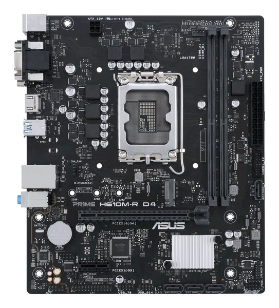 Материнская плата ASUS PRIME H610M-R D4-SI, LGA 1700, Intel H610, 2xDDR4, 4xSATA, 1xM.2 PCIe 3.0 x4, 1xPCIe 4.0 x16, 1xPCIe x1, 1xHDMI, 1xDVI, 1xVGA, 2xUSB-A 2.0, 2xUSB-A 3.2 Gen 1, 1x 1Gb LAN, 3x3.5 мм, 7.1, mATX