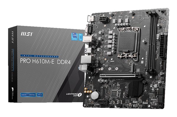 Материнская плата MSI PRO H610M-E DDR4, LGA 1700, Intel H610, 2xDDR4, 4xSATA, 1xM.2, 1xPCIe 4.0 x16, 1xPCIe 4.0 x1, 1xHDMI, 1xVGA, 1xRJ45 1Gb, 2xUSB-A 3.2 Gen 1, 4xUSB-A 2.0, 3x3.5мм, 7.1, mATX