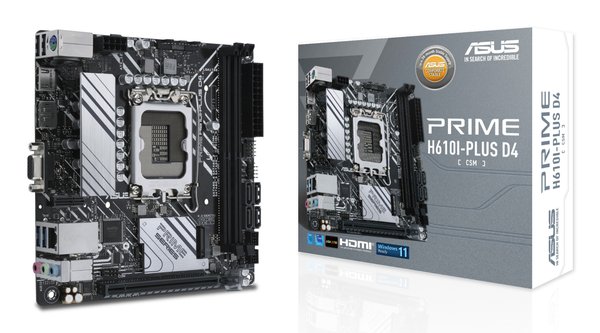 Материнская плата ASUS PRIME H610I-PLUS D4-CSM, LGA 1700, Intel H610, 2xDDR4, 4xSATA, 1xM.2 PCIe 3.0 x4, 1xPCIe 4.0 x16, 1xHDMI, 1xDP, 1xVGA, 2xUSB-A 3.2 Gen 1, 2xUSB-A 2.0, 1x 1Gb LAN, 3x3.5 мм, 7.1, Mini-ITX