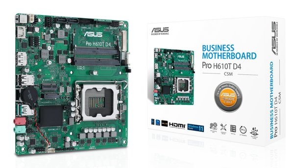 Материнская плата ASUS Pro H610T D4-CSM, LGA 1700, Intel H610, 2xSO-DIMM DDR4, 2xSATA, 1xM.2 (PCIe 4.0 x4/SATA), 1xHDMI, 1xDP, 1x 1Gb LAN, 2xUSB-A 3.2 Gen 1, 2xUSB-A 2.0, 2x3.5 мм, 7.1, Mini-ITX