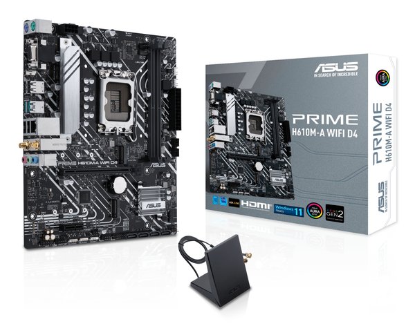 Материнская плата ASUS PRIME H610M-A WIFI D4, LGA 1700, Intel H610, 2xDDR4, 4xSATA, 2xM.2, 1xPCI-E 4.0 x16, 1xHDMI, 1xDisplayPort, 1x 1Gb LAN, 2xUSB-A 3.2 Gen 2, 4xUSB-A 2.0, 3x3.5 мм, 7.1, Micro-ATX